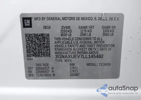 2020 Chevrolet Equinox Awd Lt 1.5L Turbo from USA, damaged, VIN 3GNAXUEV7LL145482